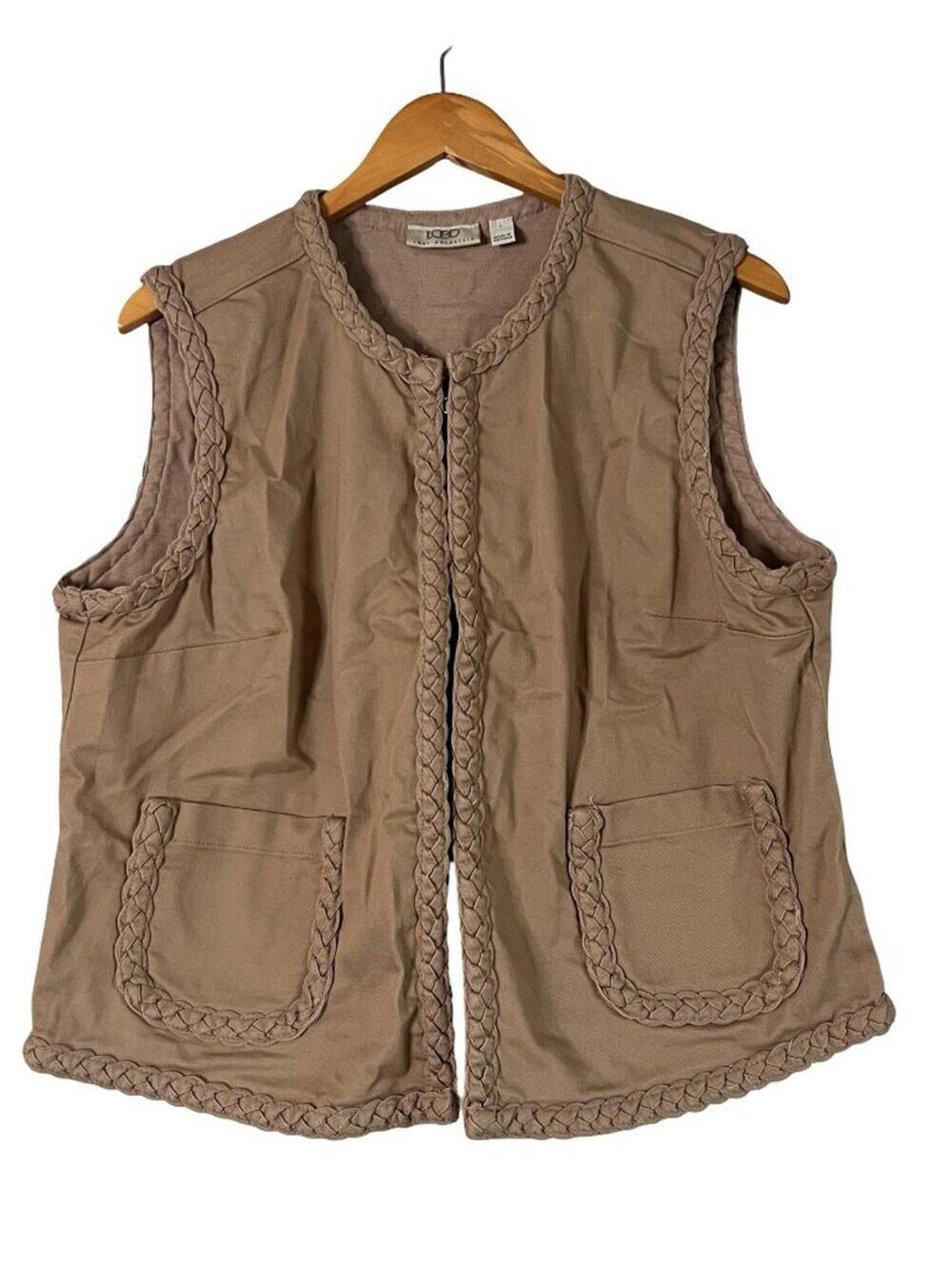 A692540 LOGO Lori Goldstein Denim Vest Braided Trim Silver Mink L